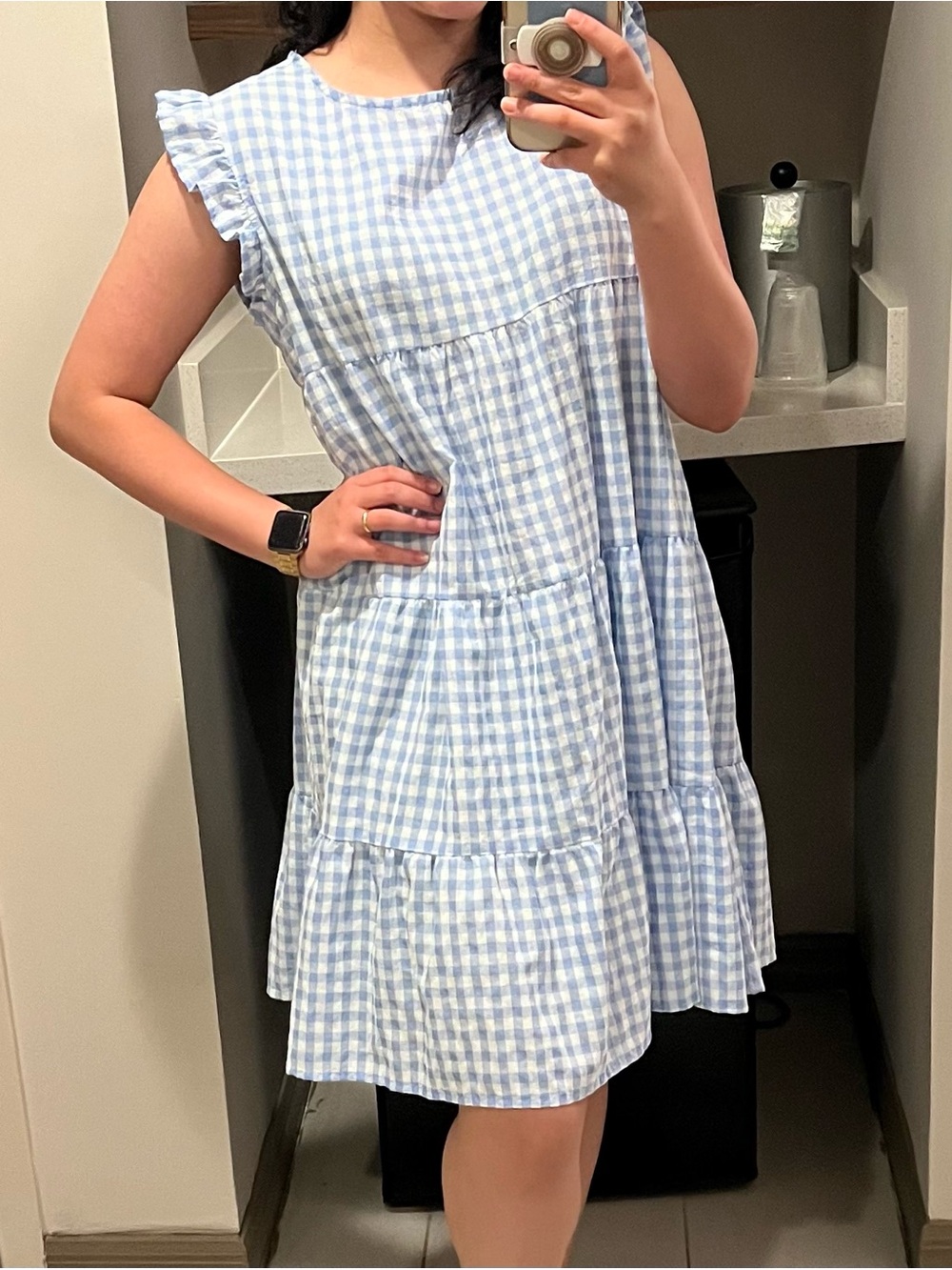 Blue Gingham Ruffle Sleeve Tiered Dress